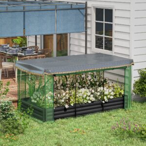 Højbed i stål med fuglebeskyttelsesnet, mørkegråt havebed til altan og terrasse, 230x110x110cm, ideel solbeskyttelse