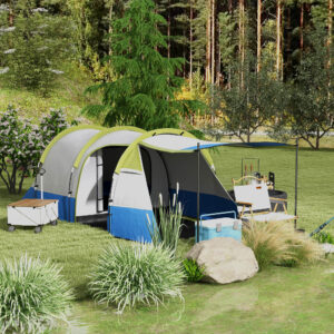 Campingtelt, Tunneltelt til 3 personer, med lyskroge, markise, 2 rum, vindtæt familietelt med bæretaske, 2000 mm vandafvisende pop-up-telt til camping, have, grøn