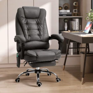 Kontorstol med massage- og varmefunktion, ergonomisk, 6 massagepunkter, fodstøtte, fjernbetjening, polyester, 65 x 160 x 104 cm, grå