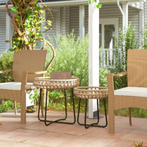Sæt med 2 sideborde lavet af polyrattan, Ø60/41 cm, rundt, vejrbestandigt, havebord med X-ben, justerbare fodpuder, udendørs balkonbord, sofabord, havemøbler til haven, balkon, brun