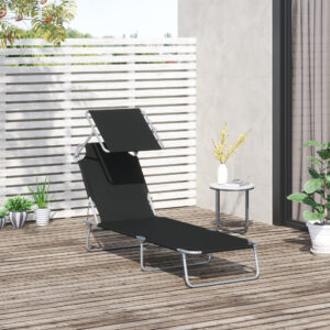 Foldbar solseng med solskærm, 187 x 58 x 36 cm, i sort, ideel til terrasser og altaner