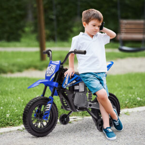 El-motorcykel til børn, 12V børnemotorcykel med musik, børnekøretøj med aftagelige støttehjul, 2,4-5 km/t, til 3-6-årige, maks. 30 kg, blå