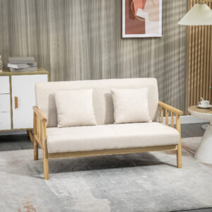 2-personers sofa med 2 lændehynder, polstret træramme, linnedlook, dobbeltsofa til små rum, beige