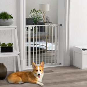 Sikkerhedsgitter til Hunde, 74-80 cm, Trappegitter til Kæledyr, Hundegitter, Sikkerhedsgitter uden Boring, Metal, Plast, Hvid