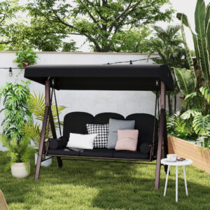 3-personers verandagynge havegynge med soltag og hynder, metal og polyester, sort, 116 x 206 x 183 cm