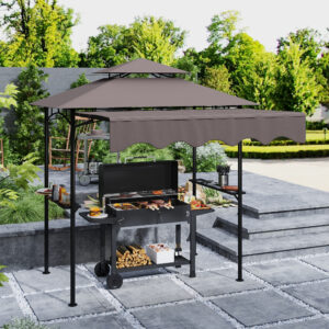 BBQ-pavillon 242x149x248 cm vandafvisende, flammehæmmende havepavillon med dobbeltlagstag, sidehylder, UV 30+ havelysthuse, BBQ-pavillon, havetelt til havepicnic, grill, kaffe