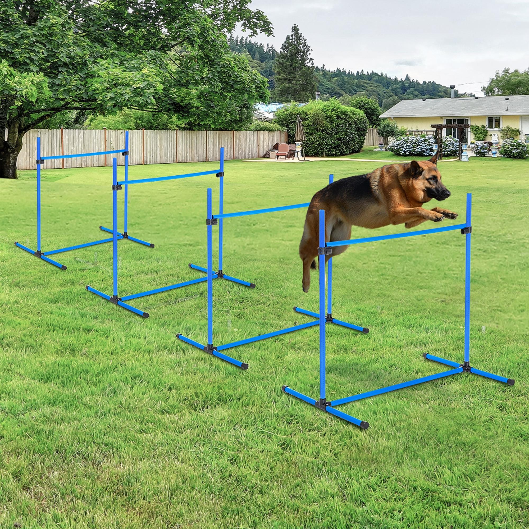 Agility-sæt til hunde, 4 dele, 99 x 65 x 94 cm, højdejusterbar med 2 hækkestænger, 2 slalomstænger og 4 jordstænger, lavet af plastik, blå