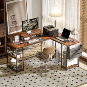 L-formet skrivebord 168 x 120 cm hjørneskrivebord med opbevaringsrum, opbevaringstaske, vendbart computerbord med skærmstativ, gamingbord til kontor, hjemmekontor, rustik brun