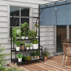 Plant Stand Blomsterstander med 3 niveauer og 6 kroge, stålplantetrappe i sort, 110x50x170cm til have og balkon