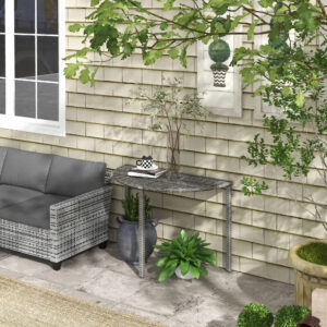 Halvcirkelformet balkonbord 100 x 50 x 74 cm, havesidebord lavet af polyrattan og metal, grå til terrasse og balkon