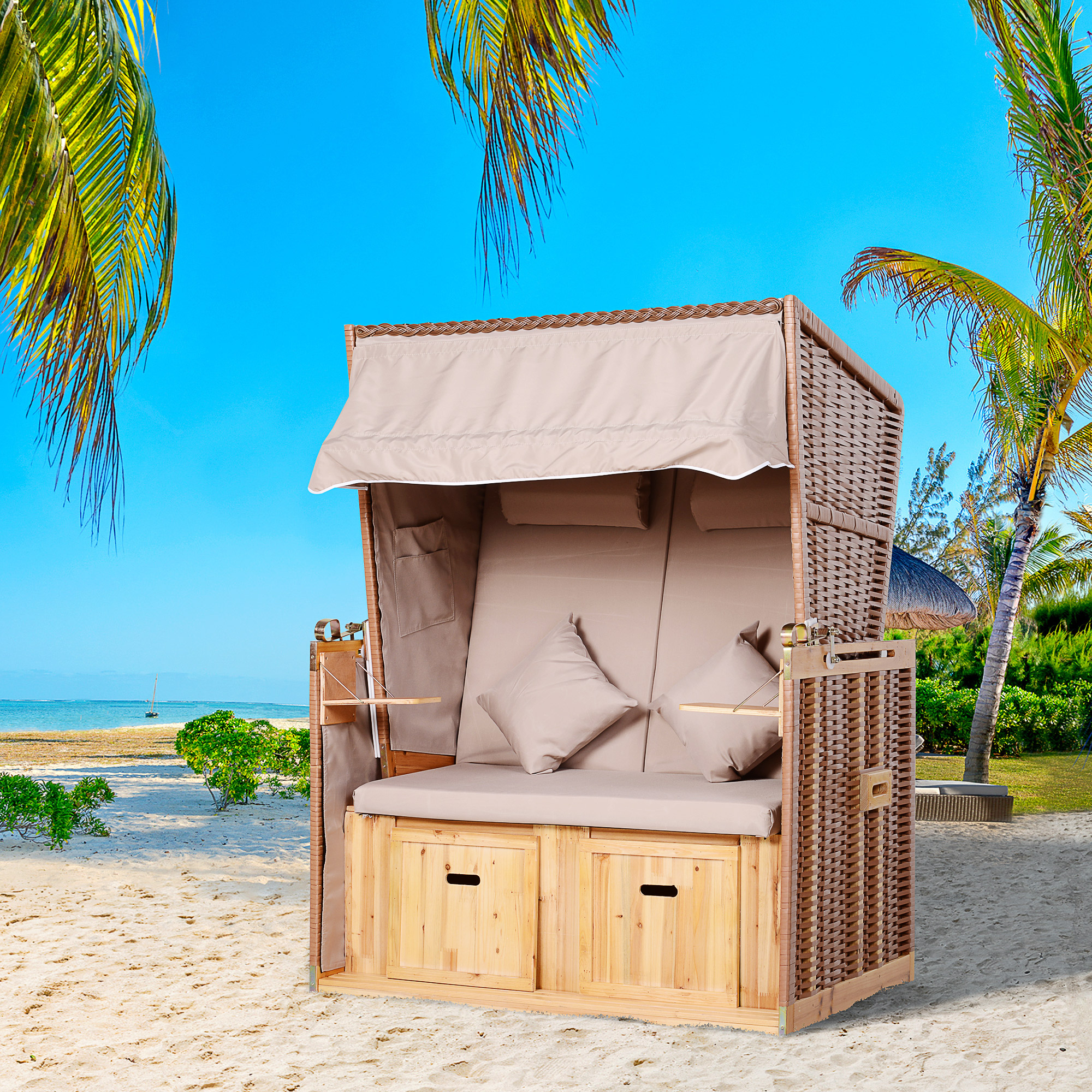 Strandstol med skammel og klapbord, fuldt lænestol med kopholdere, PE-rattan beige 118x79x160 cm til afslappende timer