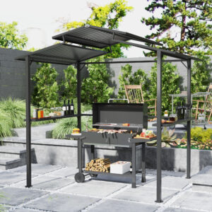 BBQ-pavillon 250 x 160 x 250 cm vandtæt havepavillon med dobbelttag, sidehylder, havepergolaer med UV-beskyttelse, BBQ-pavillon, havetelt grilltelt til havefest BBQ, sort