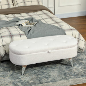 Opbevaringsbænk, Polstret Bænk med Låg, Sengebænk i Teddy Velvet Look, Til Entre, Soveværelse, Stue, Metalstel, 114 x 47 x 46,5 cm, Hvid