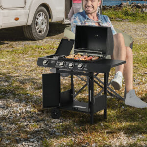 Gasgrillvogn med 3 brændere og 1 sidebrænder, trykreducer og slanger, multifunktionel, stålsort 110x50x100 cm