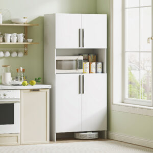 Køkkenskab, Højskab med Mikrobølgeovnshylde, Buffetskab med Soft-Close Dør, Opbevaringsskab Vitrineskab til Køkken/Spisestue 79x40x175 cm Hvid