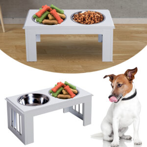 Hundeskål med skåle i rustfrit stål, 58,4 x 30,5 x 25,4 cm, MDF, Skridsikker, Nem at rengøre, Hvid til hunde