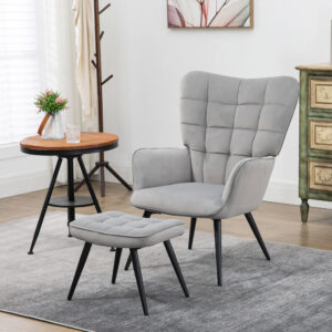 Wingback-stol med fodskammel, Loungestol, Afslappende lænestol, Polstret stol, Fløjlslook, TV-stol, Spisestol op til 120 kg, Lysegrå