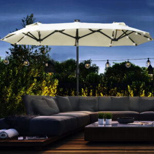 Parasol 295 x 219 cm Dobbeltparasol med LED, justerbar hældning, haveparasol til terrasse og pool, polyester og stål, beige