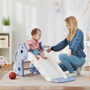 Børnerutsjebane, 3 i 1, Småbørnsrutsjebane med basketballkurv, Rutsjebane med basketball til børn 1 til 3 år, Indendørs, Blå 106 x 51,5 x 52 cm