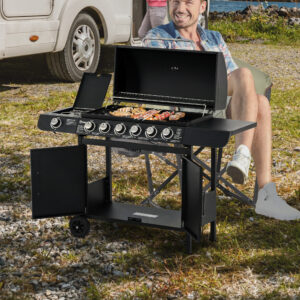 Gasgrill BBQ Grillvogn med 6 brændere, 1 sidebrænderskab, multifunktionel metal, sort, 135 x 50 x 100 cm