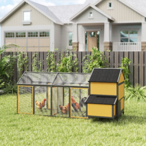Træhønsehus, Hønsehus med Redekasse, Dobbelt Kravlegård med Bakke, Indhegning med Rampe, Hønsehus til Høns, 247 x 125 x 113,5 cm, Gul