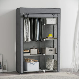 Stofgarderobe med bøjlestang, 6 rum, Sammenklappelig garderobe i fleece-look, Sammenklappelig garderobe til soveværelse, entré, mørkegrå, 103 x 43 x 162,5 cm