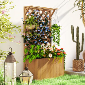 Solrigt højbed med espaliertag, espalier, træblomsterkasse, haveespalier 64 x 33 x 122 cm til have, altan, terrasse, urtepotte til klatreplanter, kurveplanter, blomster