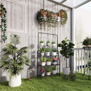 3-lags plantestativ med ophængningsstang, kroge, indendørs blomsterstativ, metal plantehylde, blomsterhylde i flere niveauer, 137 cm høj blomstertrappe til stue, have, balkon, sort