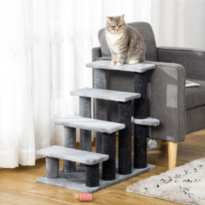 Kattetrappe 64 cm høj til seniorkatte, 4 trin med legebold og platform lavet af jute og plys i grå