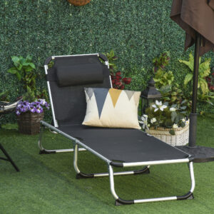 Solseng, havestol, 5-vejs justerbar, foldbar, ergonomisk med netstof, sort, 170 x 60 x 76 cm, til afslappende timer udendørs