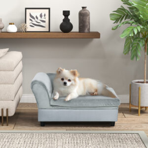 Hundeseng Sofa 76x45x41,5cm med Opbevaring og Høj Ryglæn, Belastningskapacitet op til 15 kg, Plys og Naturtræ, Lyseblå til Små Hunde