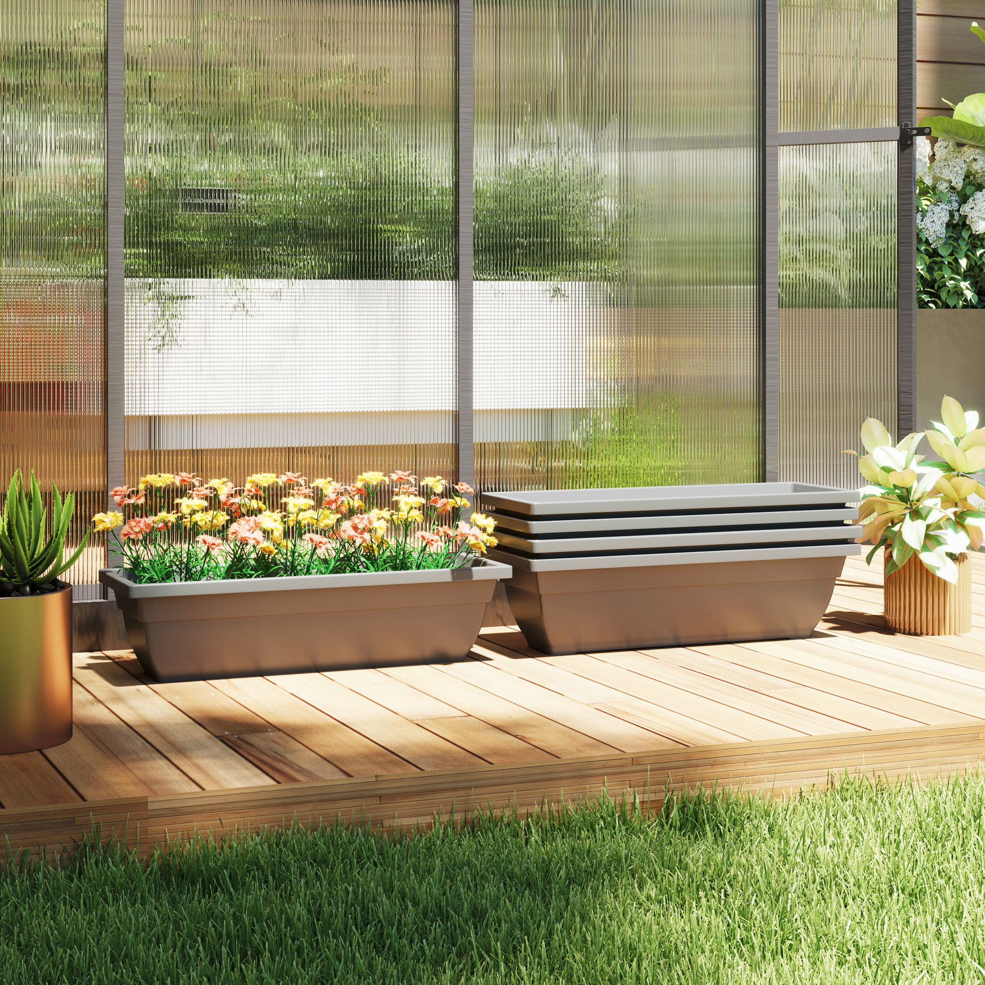 Sæt med 5 plastik urtepotter, 59 x 21 x 16 cm stabelbart urtepottesæt, vejrbestandig plantekasse, potter til indendørs og udendørs brug, grå