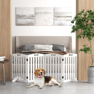 Hundegitter, 4-delt, 207,5 x 61 cm, Sammenklappelig Dørgitter med 2 Støttefødder, Fritstående Hundegitter, Trappegitter til Mellemstore Hunde, Til Entre, Trapper, Hvid