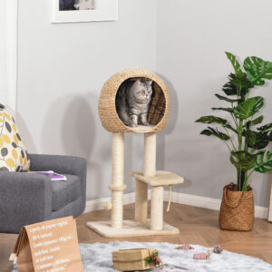 Kradsetræ med Kattehule, 100 cm Højde, Kattehytte til Små Katte med Boldlegetøj og Sisal, Beige