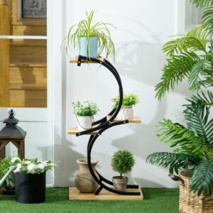Plantehylde S-formet Blomstertrappe 4-etagers Plantestativ med Metalramme og Massivt Træ Sort 46x25x91cm til Have & Altan