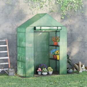Polytunnel Drivhus Walk-in Haveskur med 6 Hylder, Drivhus til Planter, med Rulleindgang, Grøn