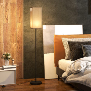 Gulvlampe, Moderne Gulvlampe med Fodkontakt, Skærm i Hørlook, Stående Lampe til Stue, Soveværelse, Ekskl. Pære, Sort