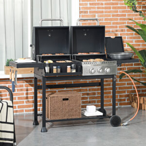 Gasgrill med 2+1 brændere, termometer, 3kW BBQ-kulgrill med hylde, sidebakke, krog, campinggrill med slange til have, balkon, sort