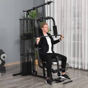 Gym Power Station Fitnessstation Multigym med vægte, lat pulldown og bencurl, metal og PU-læder, sort