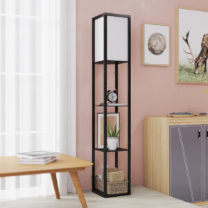 Gulvlampe med Hylder, E27 op til 40W uden Pære, Indendørsbelysning til Stue og Soveværelse, Træ i Sort, 26x26x160 cm