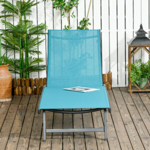 Solseng med hjul, justerbar ryglæn, haveseng i polyester og aluminium, blå, 195 x 165 x 102 cm, til udendørs komfort