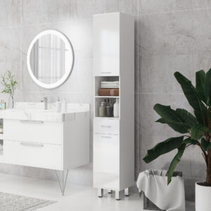 Slankt badeværelsesskab, højt toiletskab med højglans hvid skuffe, justerbar hylde og 2 åbne rum, til små rum badeværelse 30 x 30 x 180 cm hvid