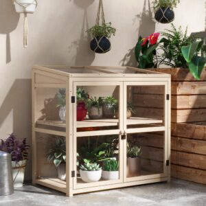 Udsolgt trædrivhus med kold ramme, 2-etagers drivhus med dobbeltdør og ovenlysvindue, vindtæt, naturfarvet, 103x61x103cm
