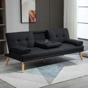 Sovesofa, 3-personers sovesofa med klapbord, kopholder, sovesofa i linnedlook, i skandinavisk design, lasteevne op til 250 kg, til stue, grå