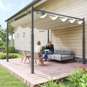 Solrig pergola ca. 3x3m havepavillon, terrassetag af metal, havepavillon med justerbart tag, fritstående, UV-beskyttelse 30+, til terrasse og have, cremehvid