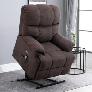 Massagestol med ståstøtte, Lænestol med varmefunktion, justerbar vinkel, USB-fjernbetjening, kort plys, brun, 83x95x105cm