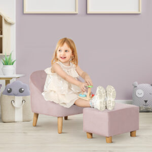 Børnelænestol med fodskammel, komfortabel sofa til børn fra 3 år, fløjlslook, eukalyptustræ, pink, 51x51x50cm