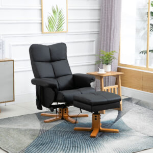 Lænestol med massagefunktion, 145° vipning, massagestol med fodskammel og opbevaringsplads, polyester, sort