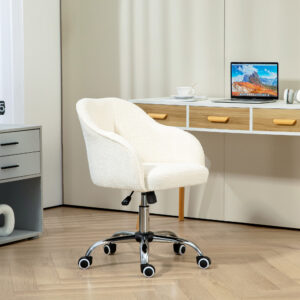 Hjemmekontorstol, Ergonomisk Skrivebordsstol, Drejestol, Højdejusterbar Kontorstol med Gyngefunktion, Teddy Velvet Look, Vanity Chair til Soveværelse, Arbejdsværelse, Cremehvid