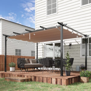 Pergola Pavillon 3 x 4 m med justerbart aluminiumsstoftag, solafskærmning til terrasse og have i grå og brun